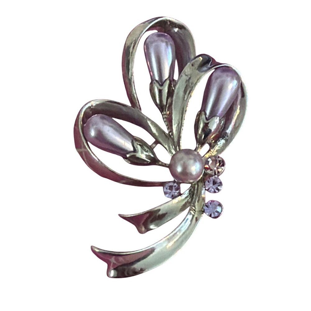 Vtg Silver Tone Brooch Lilac Purple Faux Pearls Rhinestones Ribbon 2.25" Estate